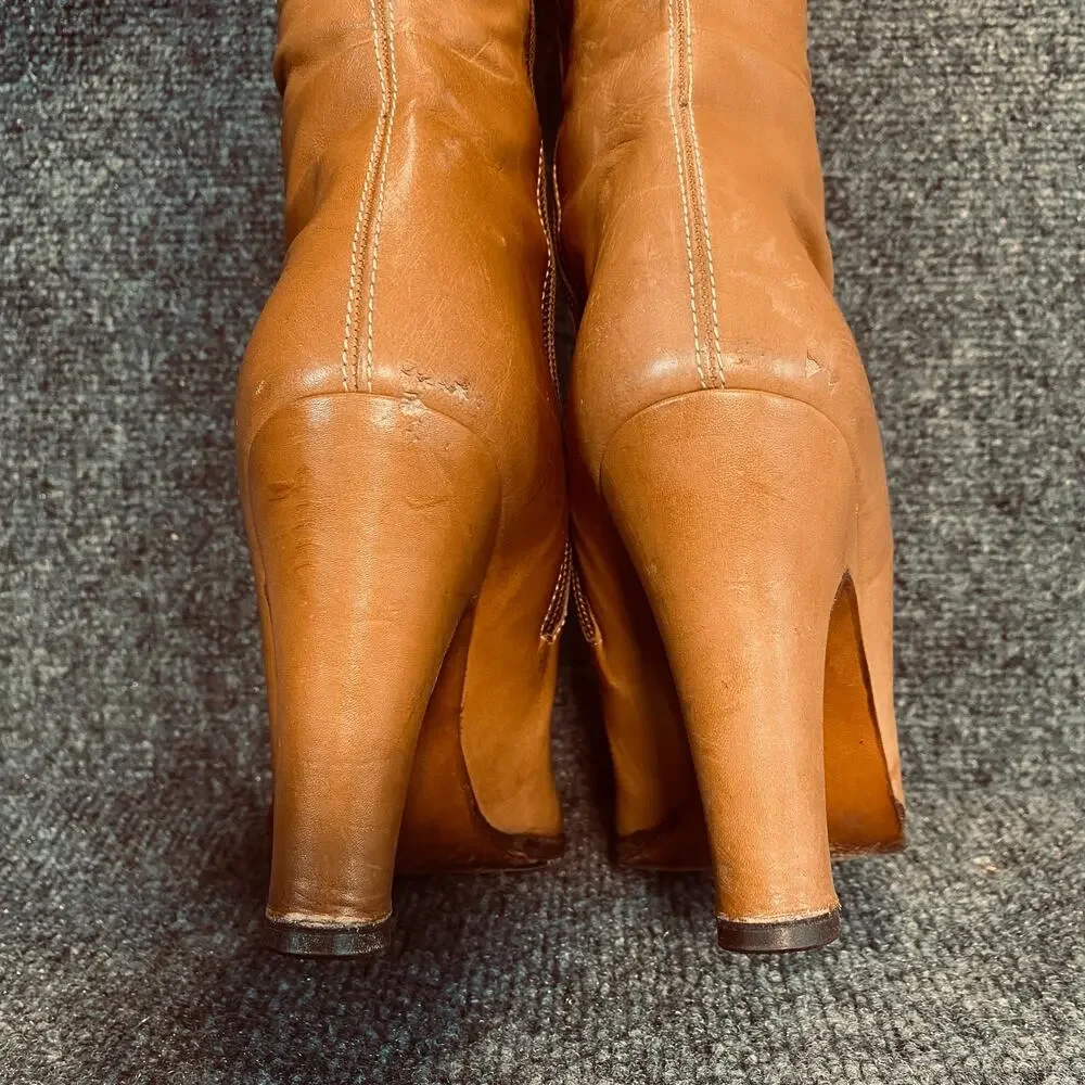 Vintage Alexander's Nordstrom Tan Leather Knee High Boots Block Heel Womens 7